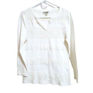 Lucky Brand Split V Neck Long Sleeved Cream White Thermal Crochet Trim Size M